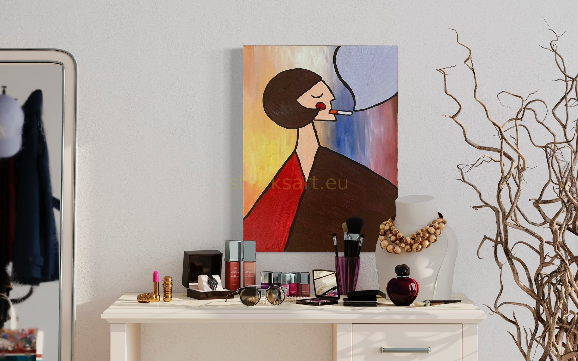 Pauza – žena s cigaretou, stylizace v interiéru